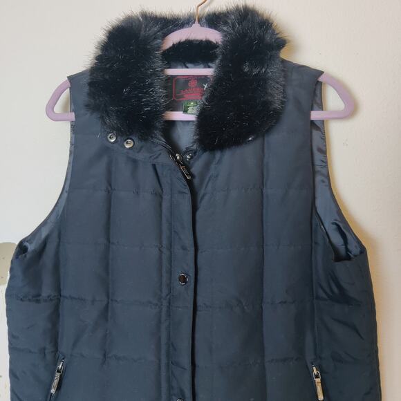 Lauren Ralph Lauren Black Quilted Puffer Vest Medium Faux Fur Collar Apres Ski - Picture 3 of 10